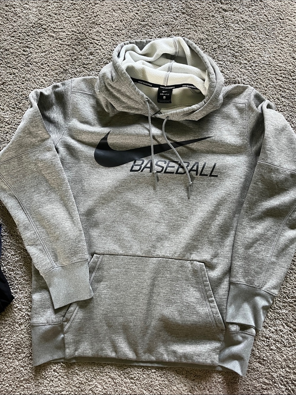 Nike Gray Hoodie with Black Swoosh and Baseball Text